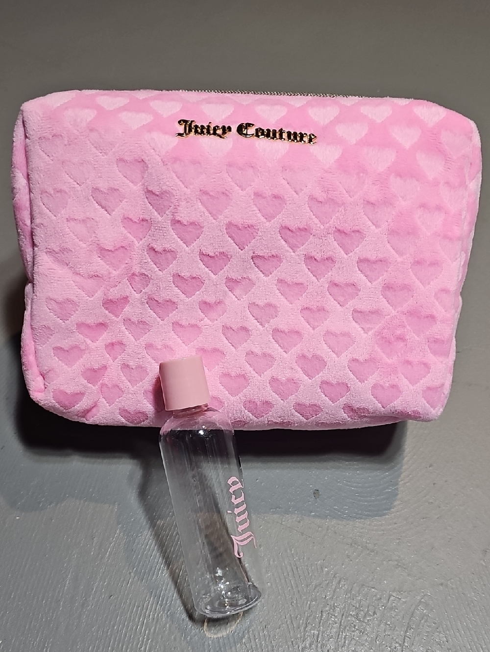 Juicy Couture Pink Soft Velour Heart Toiletry Bag Includes Juicy Couture Bottle